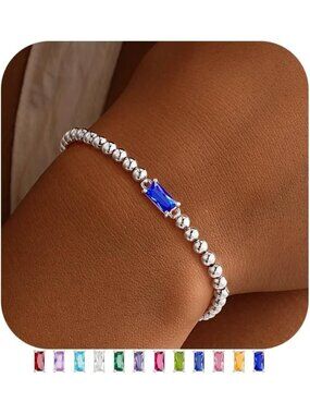 Women's Dark Blue Silver Plated Birthstone Beaded Bracelet Dainty Jewelry Gift